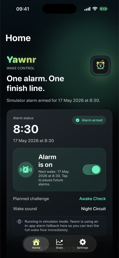 Yawnr home screen showing an armed 8:30 alarm.