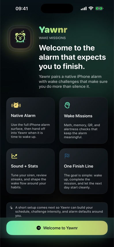 Yawnr onboarding screen explaining wake missions.